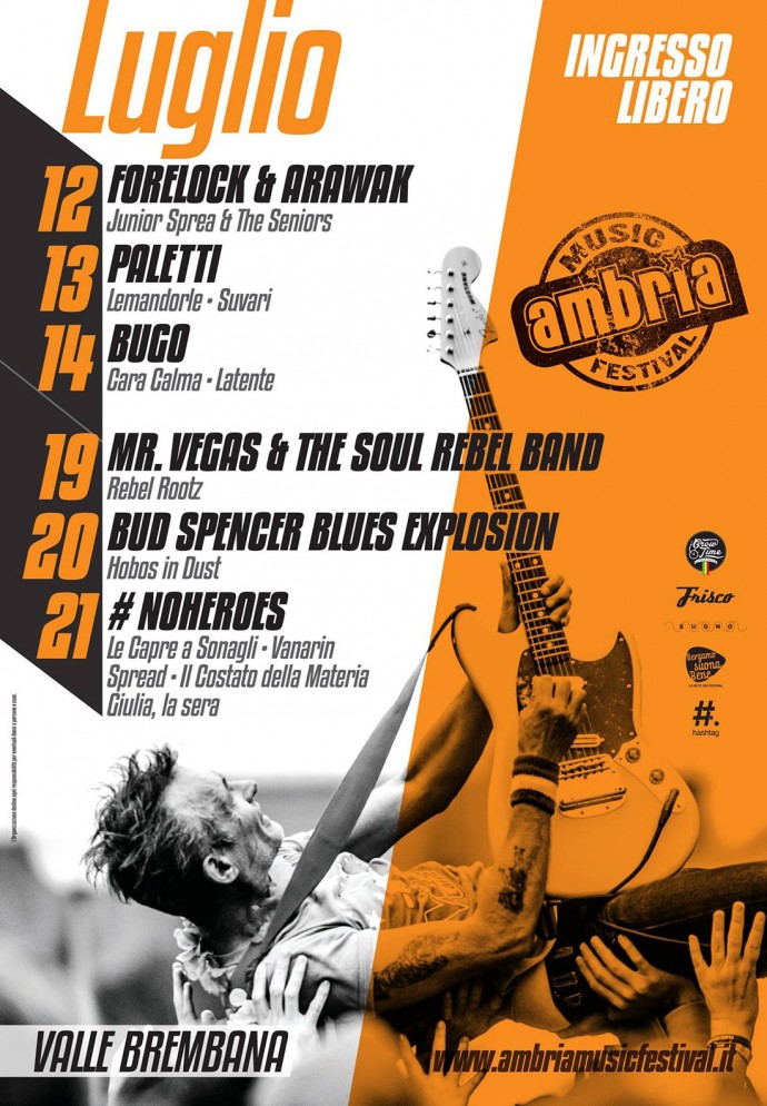 Ambria Music Festival: dal 12 luglio ad Ambria (BG) l'edizione 2018 con Forelock & Arawak, Bugo, Bud Spencer Blues Explosion